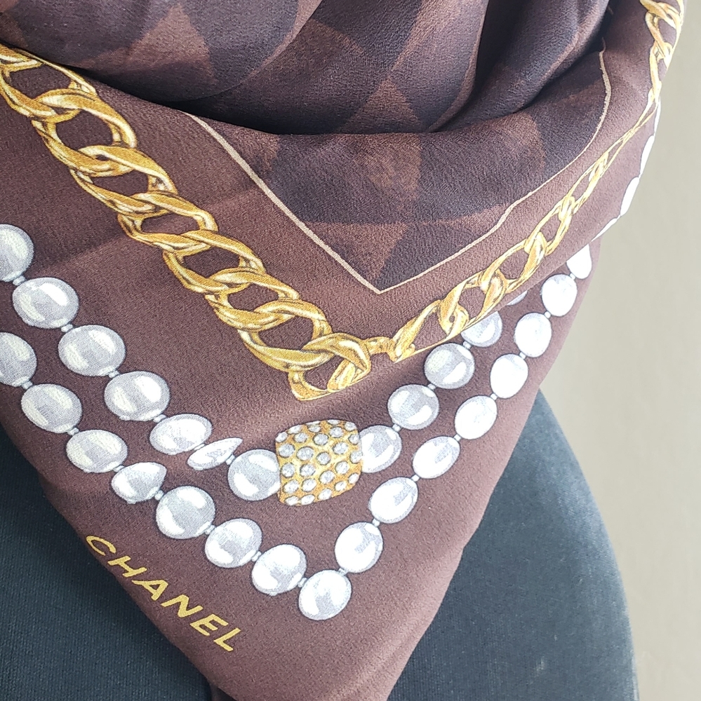 Chanel Brown & Gold Square Silk Scarf